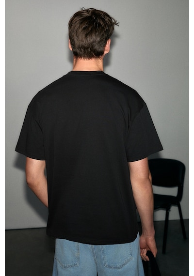 Grimelange Grımelange Antonıo Erkek Baskı Detaylı %100 Organik Pamuk 3 İplik Örme Oversize Siyah T-shirt