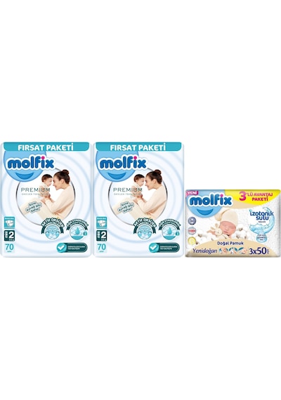 Molfix Premium Bebek Bezi Beden:2 3-6kg Mini 140 Adet + 3 Adet Mendil 2'li
