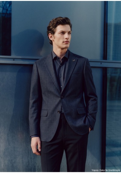 Ramsey Lacivert Mikro Regular Fit İpek Karışımlı Ceket
