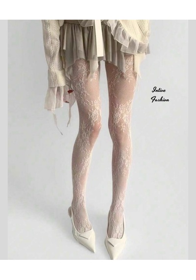 Intive Fashion Lovely Flower Krem Rengi Çapraz Çiçek Desenli Modern Fileli Külotlu Çorap