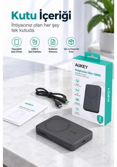 Aukey Pb-ms04-gy Magfusion Slim 10000 Mah Manyetik Wireless Şarj Powerbank - Gri