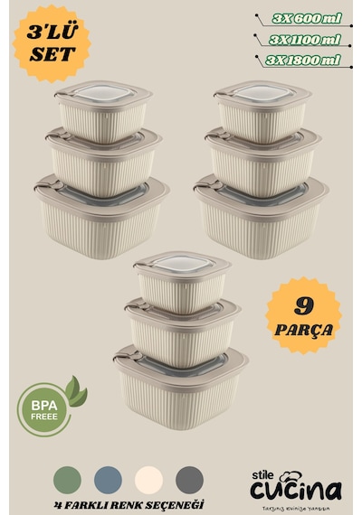 9'lu Mikrodalga Ve Difriz Kullanımına Uygun Vakumlu Vıp Saklama Kabı Çeyiz Seti 3x 600-1100-1800 Ml Bej
