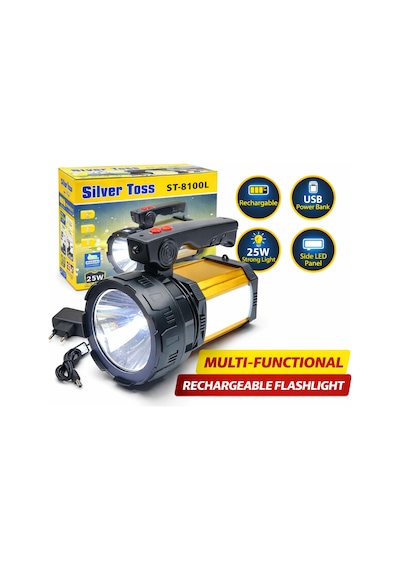 Silver Toss St-8100l 25w Şarjlı El Feneri 2500 Lümen Yan Led Aydınlatmalı Powerbank Sarı