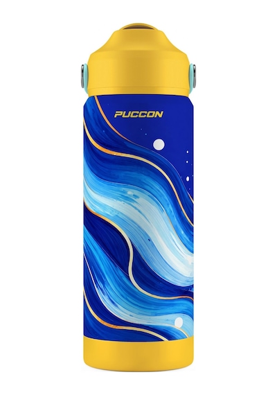 Puccon 540 Ml Mavi Dalga Desenli Lacivert - Sarı Erkek Çocuk Pipetli Çelik Termos Matara/suluk - 60061