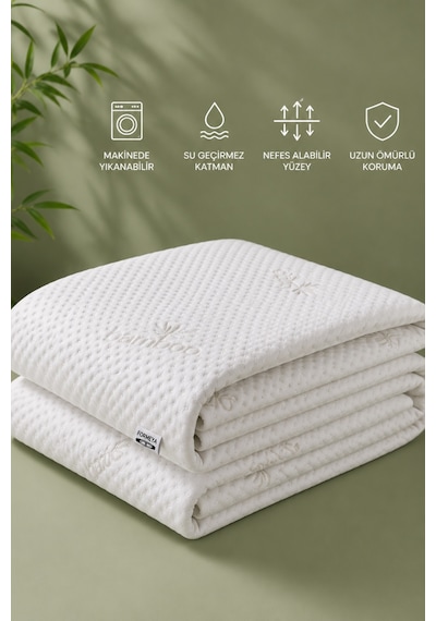 Bambu Kumaş Premium Sıvı Geçirmez Fitted Alez Doğal Bambu Lüks Yatak Koruyucu Sessiz Alez Beyaz