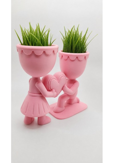 3d Baskı Aşk Saksısı - Kalp Tutan Çift Figürlü Dekoratif Saksı - Pembe -