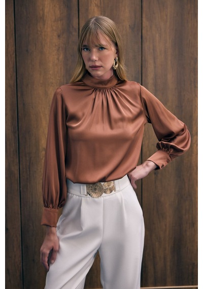 Sateen Yaka Detaylı Saten Bluz - Kahve