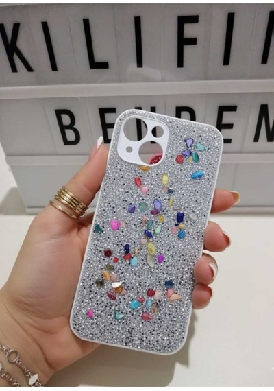 Apple Uyumlu iPhone 15 Taşlı Kılıf Modeli Gümüş