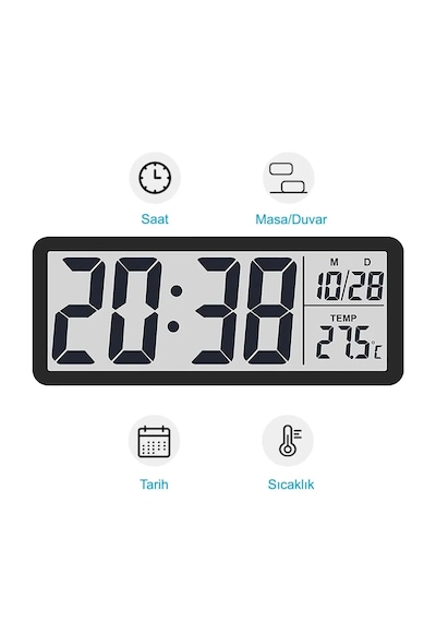 Yenilzd Duvar Saati Dijital Lcd Ekran 20x8cm Dijital Duvar Saati Siyah