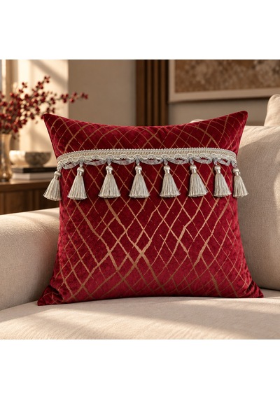 Bordo Gold Desenli Püsküllü Dekoratif Kırlent Bordo - Gold