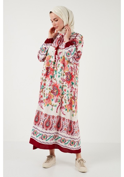 Lela Modest Desenli Regular Fit Bağlamalı V Yaka Maxi Bayan Elbise 611El510 Bordo