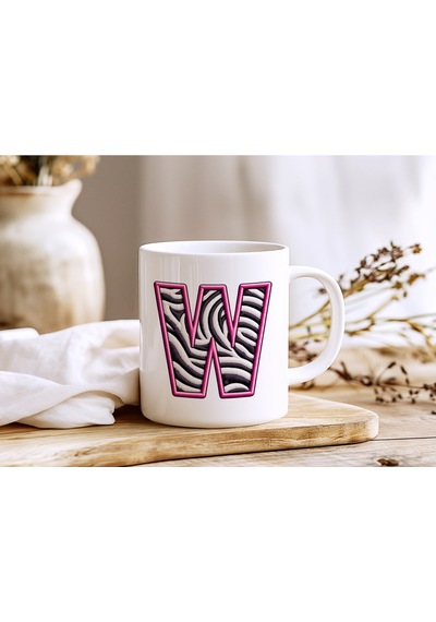 W Harfi Zebra Deseni Ve Pembe Kenarlı Kupa Bardak - Kişiye Özel Nakış Efektli - Siyah Beyaz Pembe Beyaz