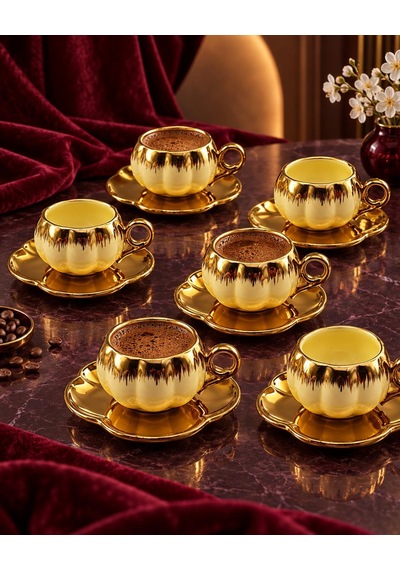 Valkyrie 6 Kişilik Krem Gold Balkabağı Model Türk Kahvesi Fincan Takımı 12 Parça 80 Ml Çeyizlik Krem