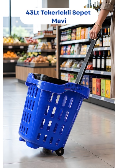 43 Lt Tekerlekli Market Sepeti Plastik Alışveriş Sepeti Ergonomik Çift Saplı Mavi