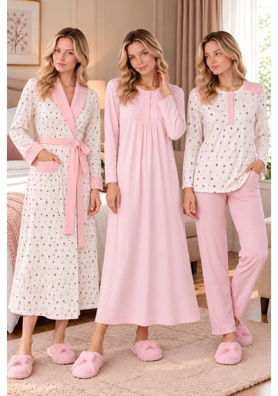 Mecit Pijama Mecit 6415 Pembe Kadın Büyük Beden Sabahlık Pijama Gecelik Set