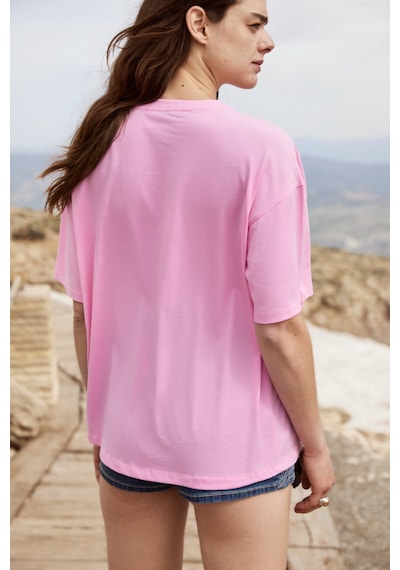 Grımelange Iratı Kadın Yumuşak Kumaşlı %100 Organik Pamuklu Baskı Detaylı Oversize Pembe T-shirt