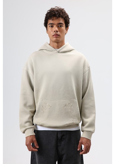 Vamos Polo Yaka Oversize Baskılı Yıkamalı Sweatshirt Ekru