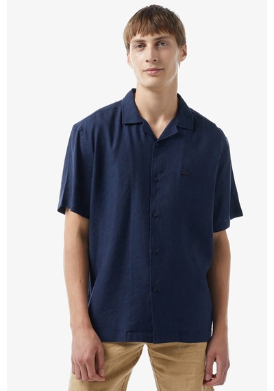 Lacoste Men's Relaxed Fit Shirt Rahat Kesim Kısa Kollu Erkek Keten Gömlek Lacivert