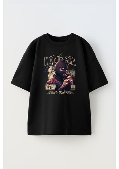 Thewert Unisex Money Era Tasarım Baskılı Pamuk Sıyah Oversize T-shirt Siyah