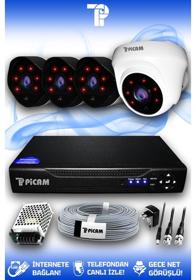 Picam 4 Kameralı Uzay 1 İç Kamera Set HDD'siz Full HD Gece Görüşlü Güvenlik Kamerası Sistemi