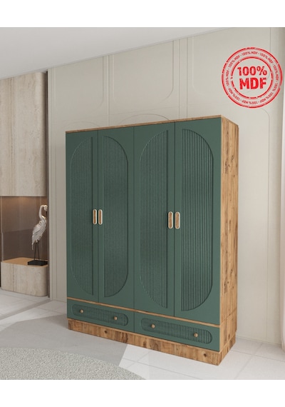 Soho 4 Kapaklı Çekmeceli Bazalı Gardırop - Tamamı Mdf Yeşil