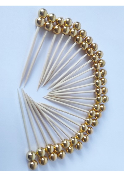 100 Adet Dekoratif Gold Çift İncili Kokteyl Kürdan 6 cm - İnci 8 mm