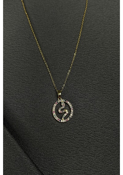 Mooni Accessories Yılan Model Renkli Zirkon Taş İşlemeli Gold Altın Renk 316L Kolye Altın