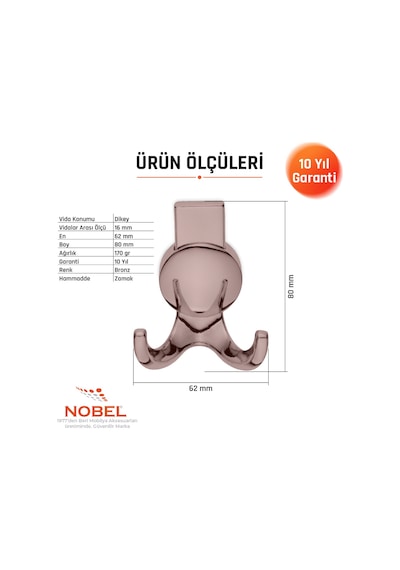 Solo Lüks Askı, Metal, Vestiyer Askı, 170 Gr, Dolap Askılık, Duvar Askılığı, Bronz Vidalı