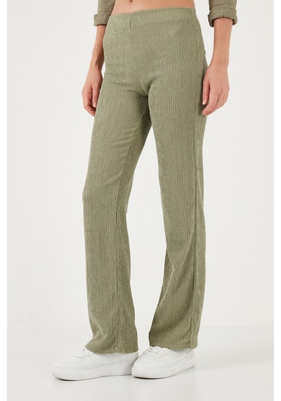 Lela Slim Fit Yüksek Bel Geniş Paça Dokulu Bayan Pantolon 5865944 Olive