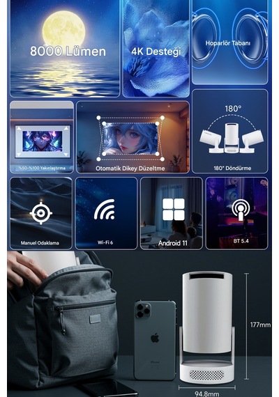 Wearfitpro Hy300 Ultra Projeksiyon Cihazı Hd Android 11 Taşınabilir Ayarlanabilir Açık Hava Ev Sineması