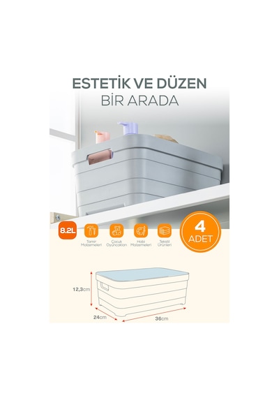 4'lü Kapaklı 8,2 Litre Saklama Kutusu Antrasit Antrasit
