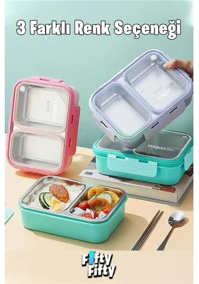 Vagonlife Bento 700ml Tek Katlı 2 Bölmeli Chopstick Ve Kaşıklı Çelik Yemek Kutusu Turkuaz Beyaz