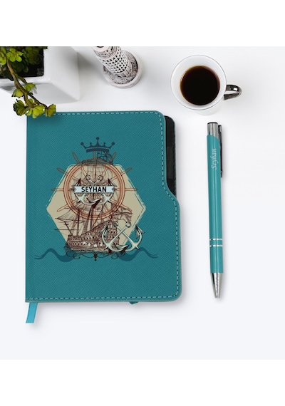 Kişiye Özel Gemi Tasarımlı Turkuaz Termo Deri Defter Kalem Seti-4