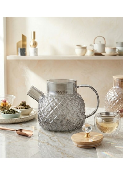 Isıya Dayanıklı Baklava Desen Cam Demlik Bambu & Metal Kapaklı Kulplu Süzgeçli 1000 Ml Füme Renk Gri