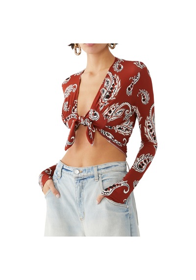 Rabanne Uzun Kollu Desenli Crop Top Kırmızı