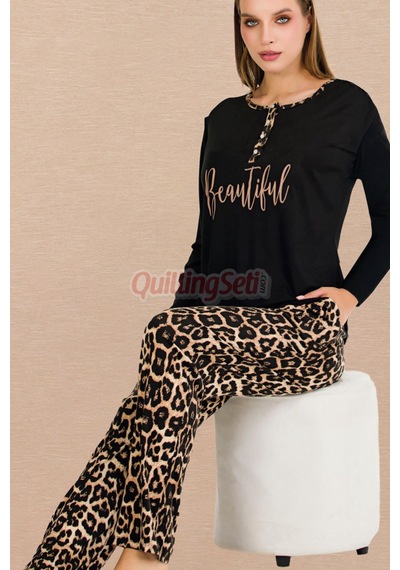 Siyah Renk, Leopar Desenli Lady 11647 Pamuk Viskon Kadın Uzun Kol Pijama Takımı Siyah - Sarı