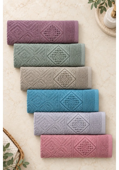 Elmas Motifli Renkli El Yüz Havlusu 50x90 Cm 6 Lı Set %100 Pamuk - Çok Renkli