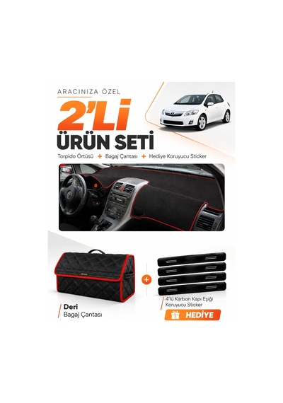 E-biz Toyota Aurıs E150 2006-2012 Uyumlu Torpido Örtüsü + Deri Çanta - Siyah-kırmızı - To005