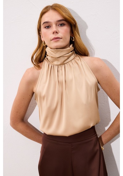 Sateen Boğazlı Kolsuz Bluz - Camel-136544 CAMEL