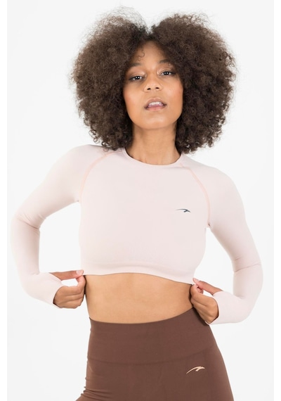 Maraton Active Slimfit Kadın Bisiklet Yaka Uzun Kol Training Pudra Crop Top 816005 Pudra