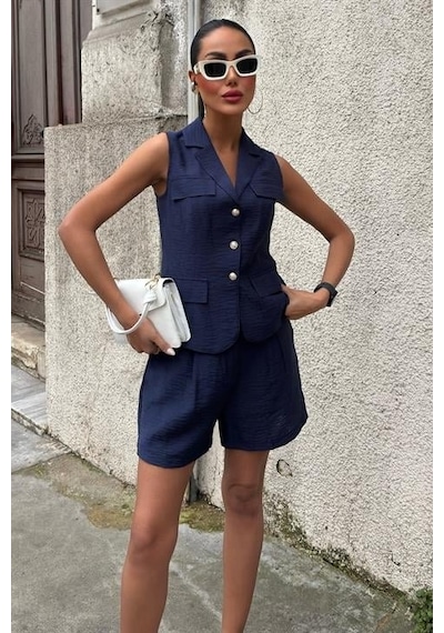 Moderie Butik Yelek Şort Viscon Takım 10156-17 Laci Vert