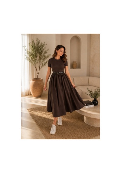 Unika Boutique Kadın Kemerli Poplin Midi Elbise Kahverengi