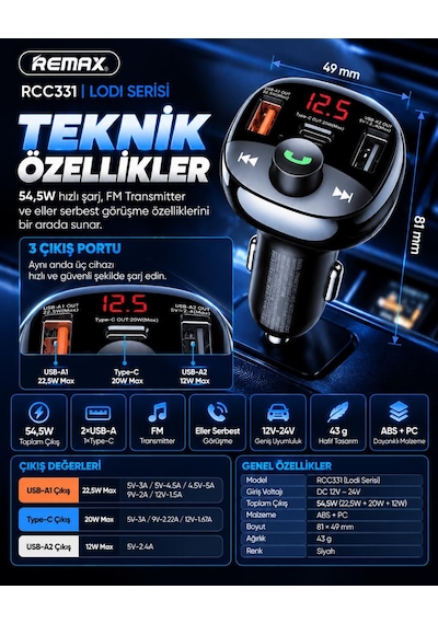 Lodi Serisi 54,5w Pd+qc 2 Usb-a / 1 Usb-c Araç Şar