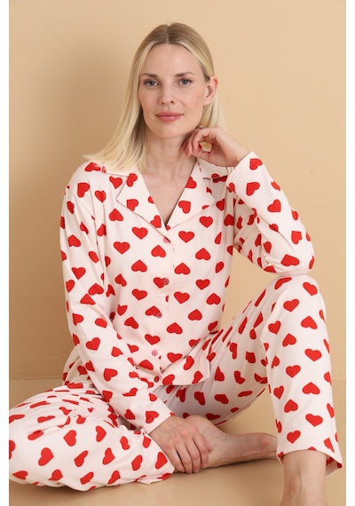 Wordex Mirano 9800 Şardonlu Soft Kışlık Düğmeli Kalp Desenli Kadın Pijama Takım Ekru