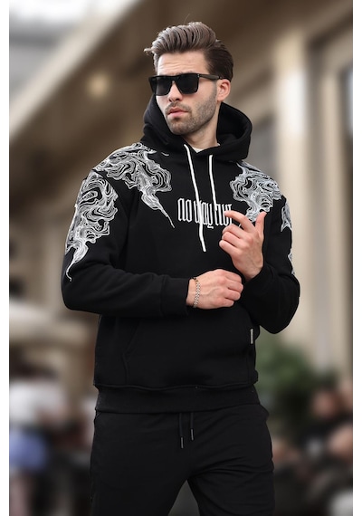 Madmext Siyah Kapüşonlu Cep Detaylı Baskılı Erkek Sweatshirt 7052-siyah Siyah