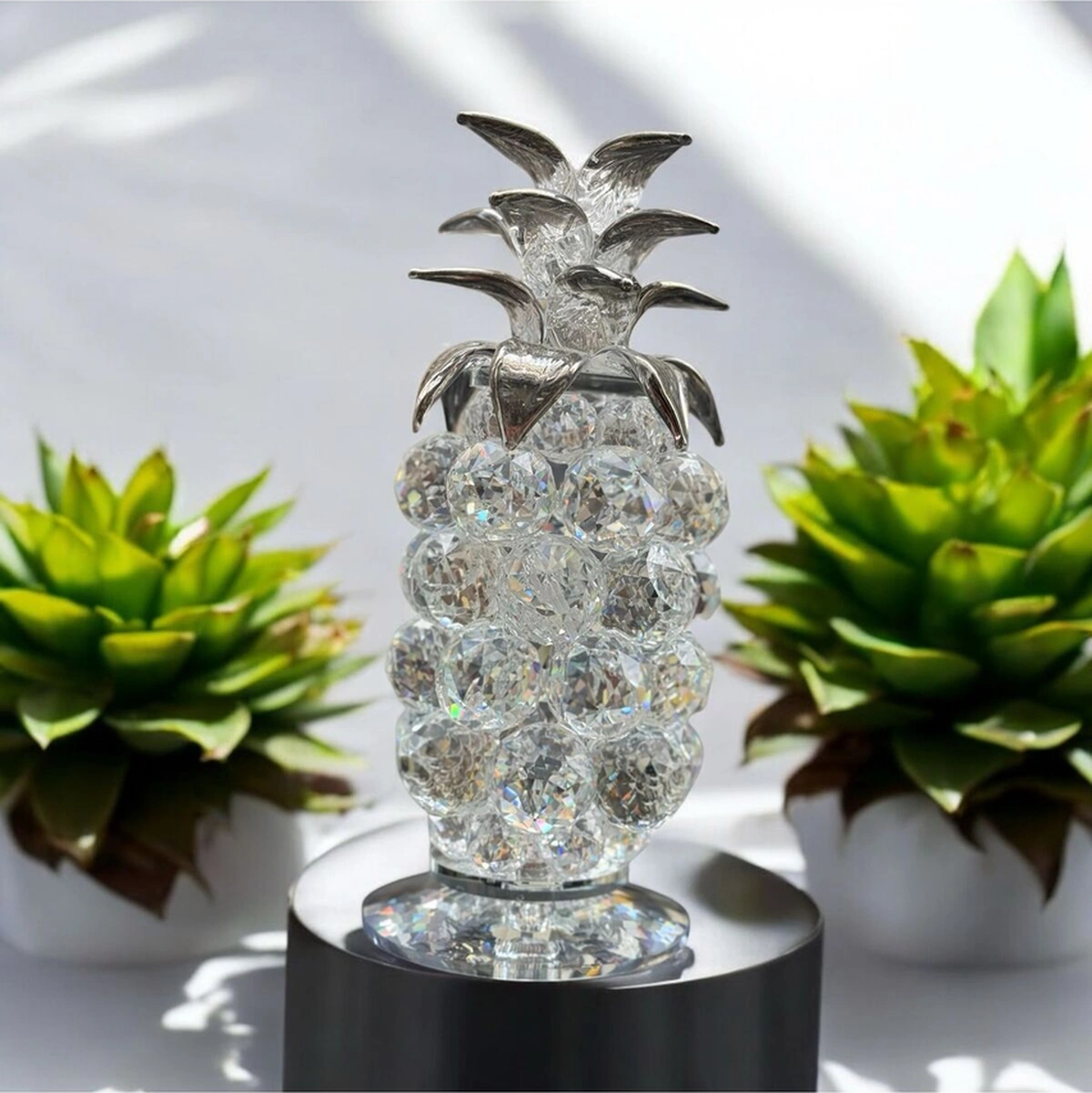 Dekoratif Kristal Cam Tekli Ananas Orta Boy Şeffaf Gümüş