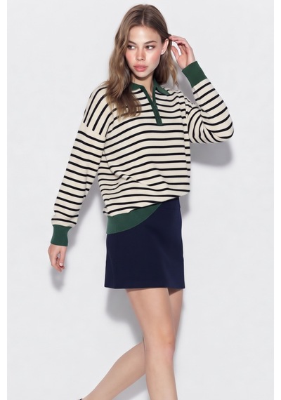 Soft&basic Çizgili Polo Yaka Triko Kadın Kazak Fermuarlı Haki