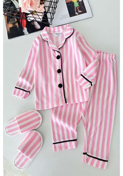 Minigimin Cicileri Çizgi Desenli Terlikli Kız Çocuk Pijama Takımı - Açık Pembe