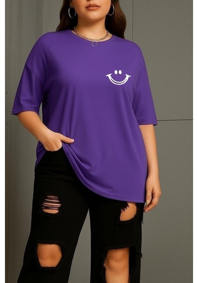 Büyük Beden Gülücük Baskılı Unisex Tişört Mor