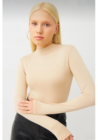 Hashtag Kadın Balıkçı Yaka Parmak Detaylı Body 4'lü Set Viskon Kumaş Bej